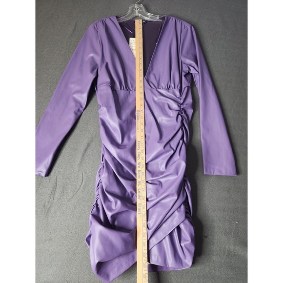 NWT Zara Purple Faux Leather Long Sleeve V Neck Body Con Ruched Dress‎ Size XL - Picture 3 of 14